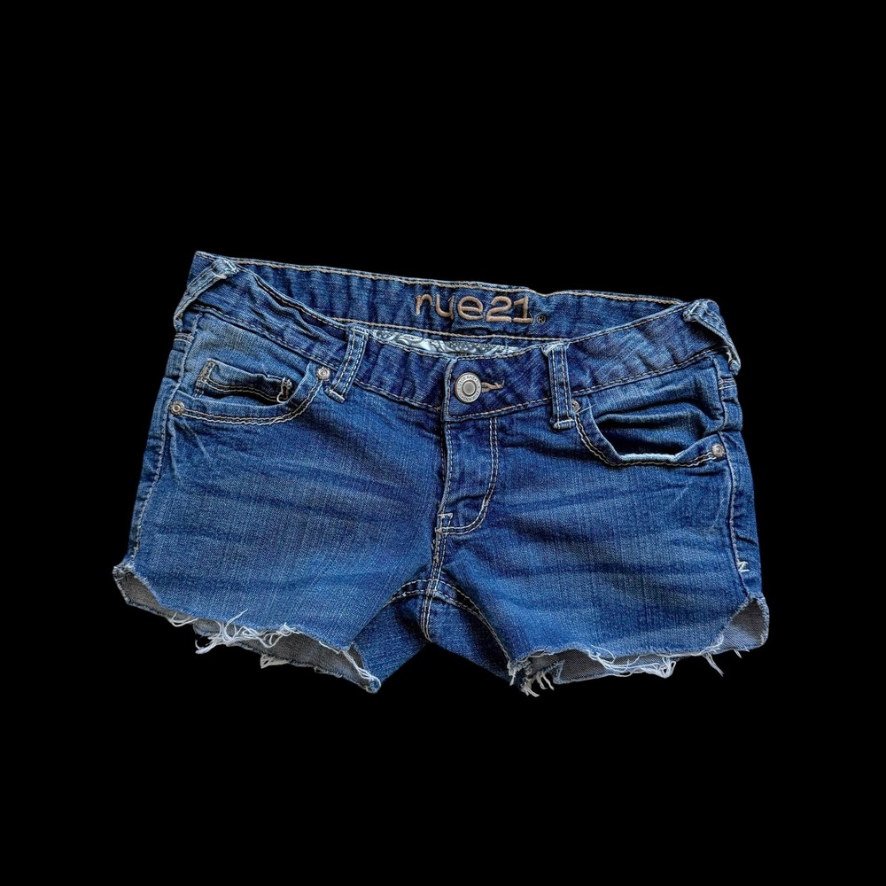 Y2K Rue21 Micro Low Rise Denim‎ Cutoff Shorts Embroidered Pockets Blue Size 0